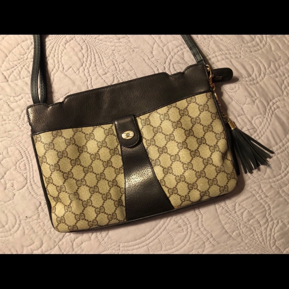 Gucci Beige GG Canvas Crossbody with Dark Brown Leather and Tassel